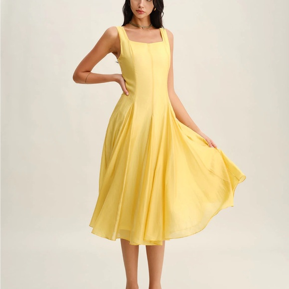 Yellow Square Neck Pleated Slip Midi Dress - Picture 3 of 7